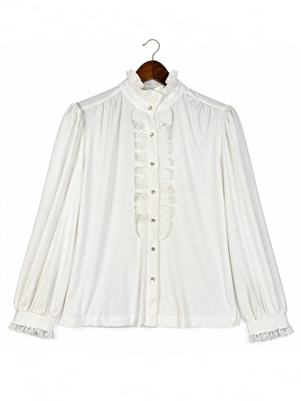Vintage 70s Rhoda Lee White Ruffle Victorian Blouse Lace Cuffs L